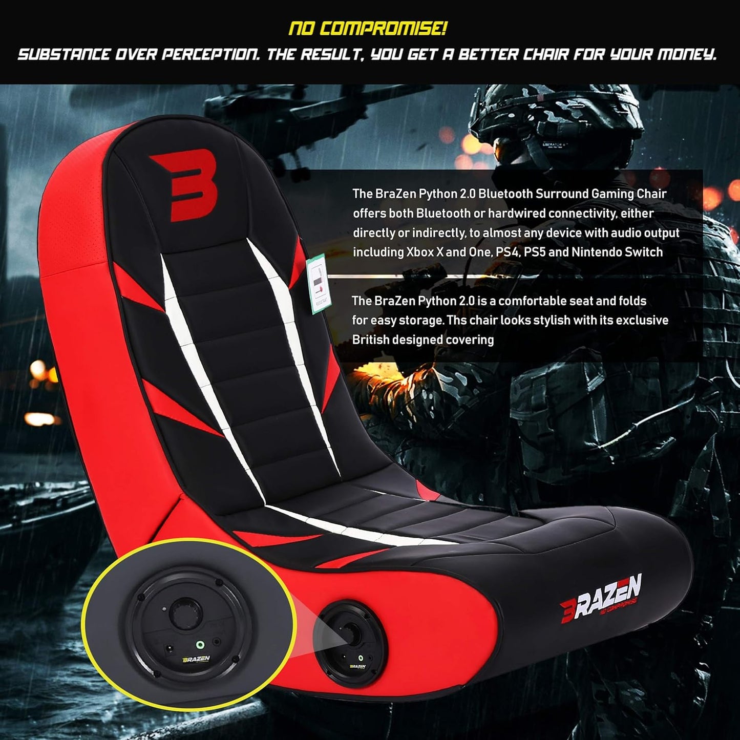 BRAZEN PYTHON2.0 BLUETOOTH ROCKER GAMING CHAIR BLACK & RED